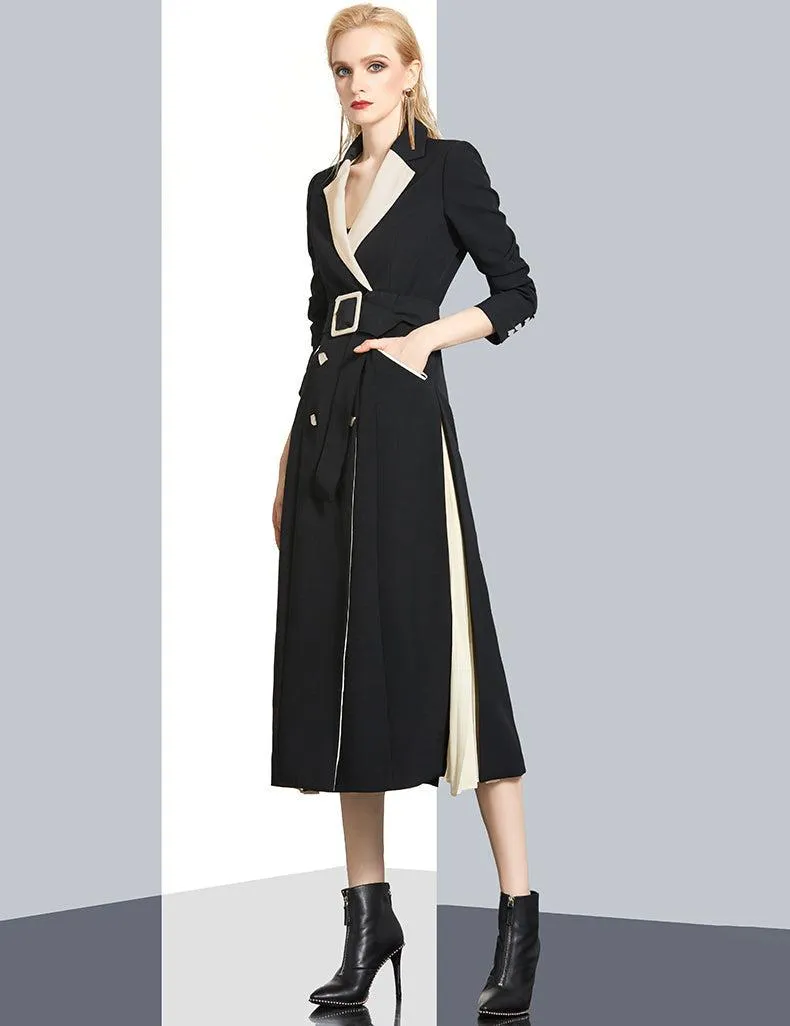 Women Black Beige Color Match Long Trench Dress Coat