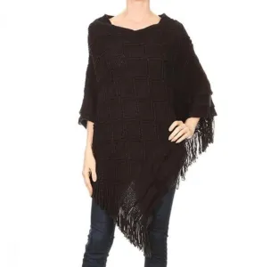 Womens Fringed Sweater Poncho Shawl Black Size OS