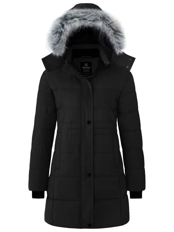 Women's Winter Coats Quilted Puffer Jacket Padded Parka with Fur Hood Recycled Fabric