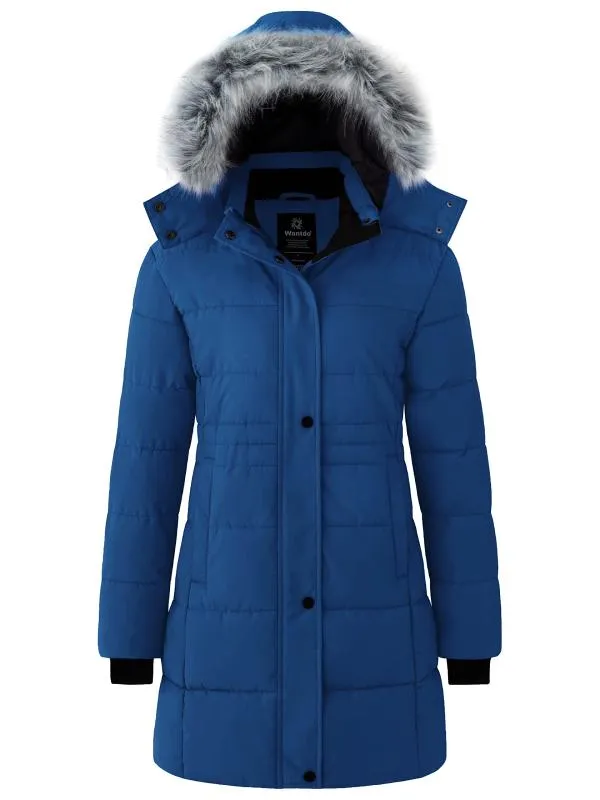 Women's Winter Coats Quilted Puffer Jacket Padded Parka with Fur Hood Recycled Fabric