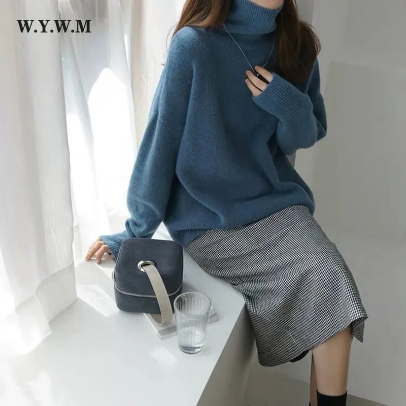 WYWM Turtle Neck Cashmere Sweater Women Korean Style Loose Warm Knitted Pullover 2021 Winter Outwear Lazy Oaf Female Jumpers